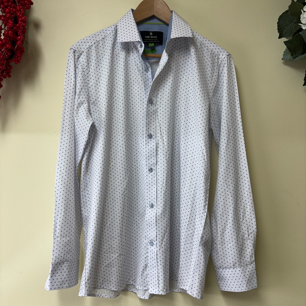TOM BAINE "The Unsolid Stretch" Button Down Shirt -   White / Navy  Small 14.5